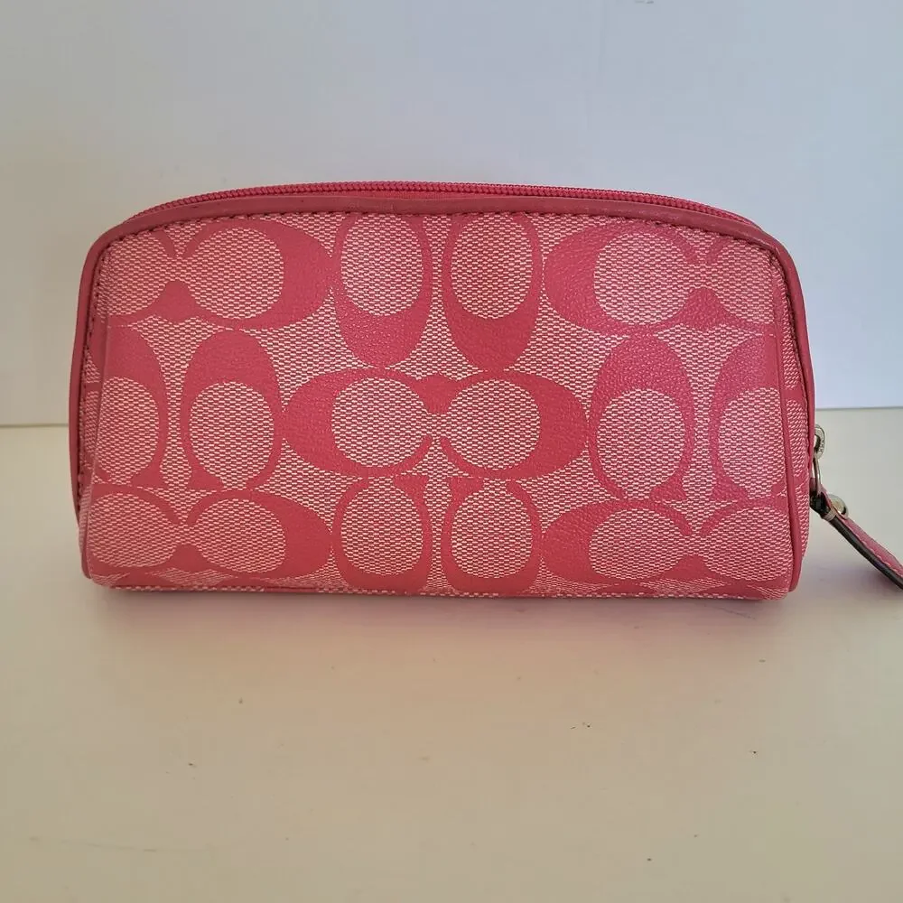 Coach Signature C Pink White Stripe Makeup Cosmetic Bag Pouch Zipper Organizer